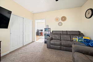 Living room featuring carpet flooring, ceiling fan, and a textured ceiling