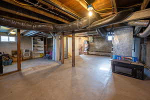 Basement featuring electric panel and plenty of natural light