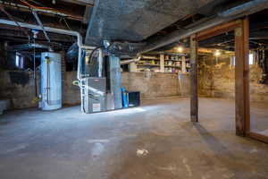 Basement with heating unit and water heater