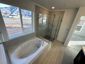 Bathroom featuring vanity, a wealth of natural light, plus walk in shower, and a mountain view