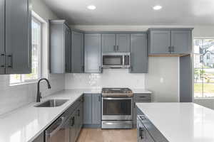 Kitchen featuring sink, decorative backsplash, light wood-type flooring, plenty of natural light, and stainless steel appliances