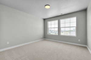 Unfurnished room with carpet and a textured ceiling