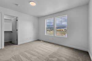 Unfurnished bedroom featuring carpet, a spacious closet, and a closet