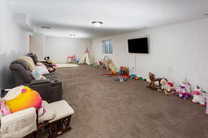 Game room with carpet floors