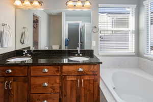 Full bathroom with toilet, vanity, and separate shower and tub