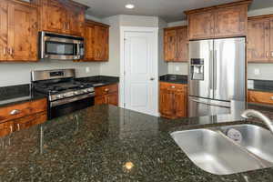 Kitchen featuring dark stone counters, sink, and stainless steel appliances