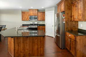 Kitchen featuring dark stone countertops, sink, dark wood-type flooring, and appliances with stainless steel finishes