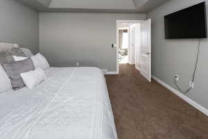 Bedroom featuring carpet flooring and a tray ceiling