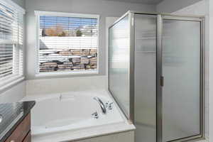 Bathroom featuring shower with separate bathtub and vanity