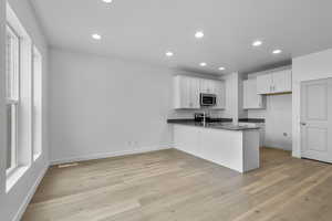 Kitchen featuring white cabinets, a healthy amount of sunlight, kitchen peninsula, and light hardwood / wood-style floors