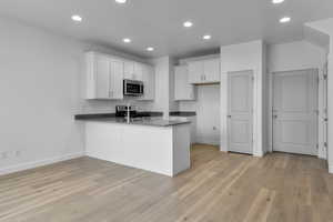 Kitchen with kitchen peninsula, sink, white cabinetry, and stainless steel appliances