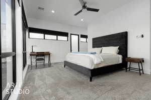 Bedroom featuring carpet floors and ceiling fan