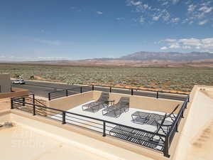 View of patio featuring a mountain view