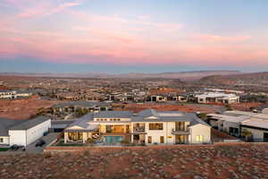 Aerial view at dusk with a mountain view