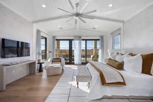 Bedroom with french doors, lofted ceiling with beams, ceiling fan, access to exterior, and light wood-type flooring