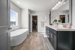 Bathroom featuring vanity and independent shower and bath