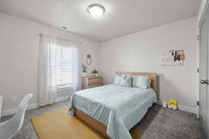 Carpeted bedroom featuring a textured ceiling