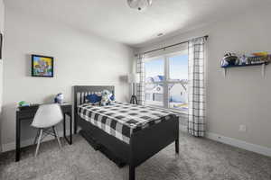 Bedroom featuring carpet flooring and a textured ceiling