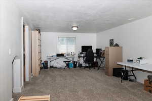 Office featuring carpet floors and a textured ceiling