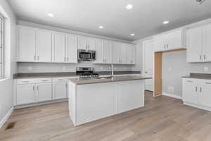 Kitchen with white cabinets, sink, stainless steel appliances, and an island with sink