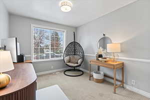 Living area with light colored carpet