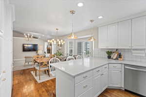 Kitchen with kitchen peninsula, white cabinetry, stainless steel dishwasher, and decorative backsplash