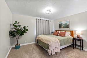 Carpeted bedroom featuring a textured ceiling