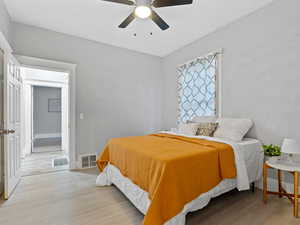 Bedroom featuring ceiling fan and light wood-style floors