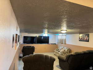 Living room with a textured ceiling and light carpet