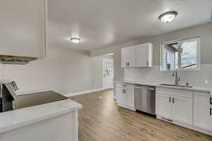 Kitchen featuring decorative backsplash, sink, white cabinets, and stainless steel dishwasher