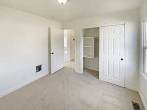 Unfurnished bedroom featuring multiple windows, light colored carpet, and a closet