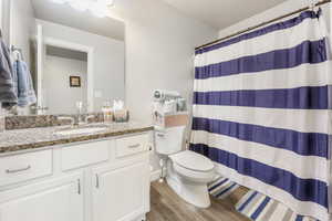 Bathroom featuring a shower with shower curtain, vanity, hardwood / wood-style flooring, and toilet