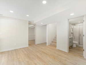 Basement with light hardwood / wood-style flooring