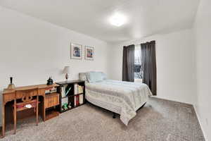 Bedroom with carpet floors and a textured ceiling