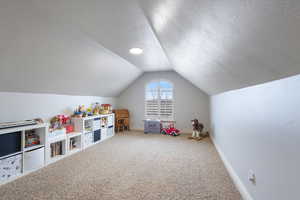 Game room with lofted ceiling, carpet, and a textured ceiling