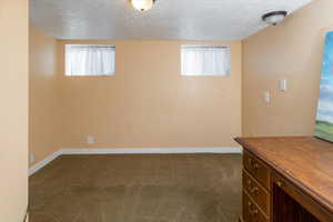 Basement featuring dark carpet, a textured ceiling, and a wealth of natural light