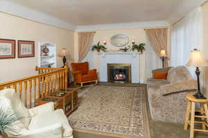 Carpeted living room with built in shelves