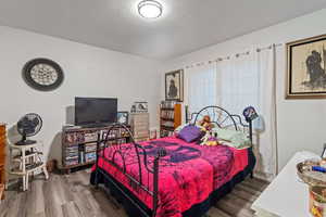 Bedroom featuring wood-type flooring and a textured ceiling