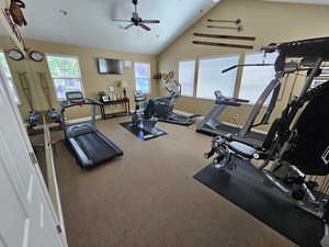 Exercise room with ceiling fan, carpet floors, and lofted ceiling