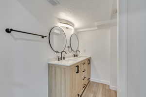 Basement bathroom with double vanity, hardwood / wood-style floors, and classy hardware