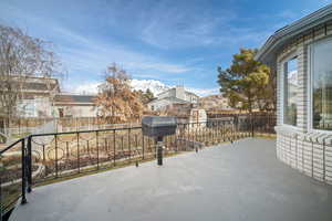 View from patio / terrace with view of Mt. Timp and storage shed