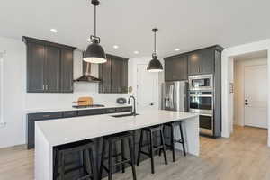 Kitchen featuring wall chimney range hood, an island with sink, stainless steel appliances, and sink