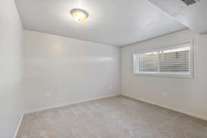 Spare room with light carpet and a textured ceiling