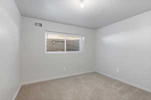 Spare room with a textured ceiling and light colored carpet