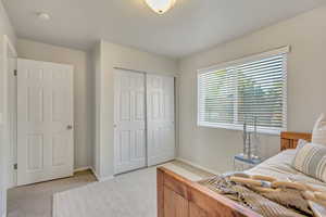 Bedroom featuring light carpet and a closet