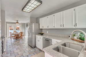 Kitchen featuring white cabinetry, sink, ceiling fan, and appliances with stainless steel finishes