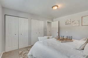 Bedroom with carpet and two closets