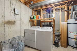 Laundry room featuring independent washer and dryer and water heater