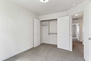 Unfurnished bedroom featuring carpet floors and a closet