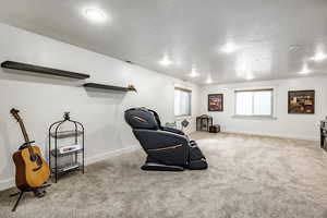 Living area with light carpet and a textured ceiling